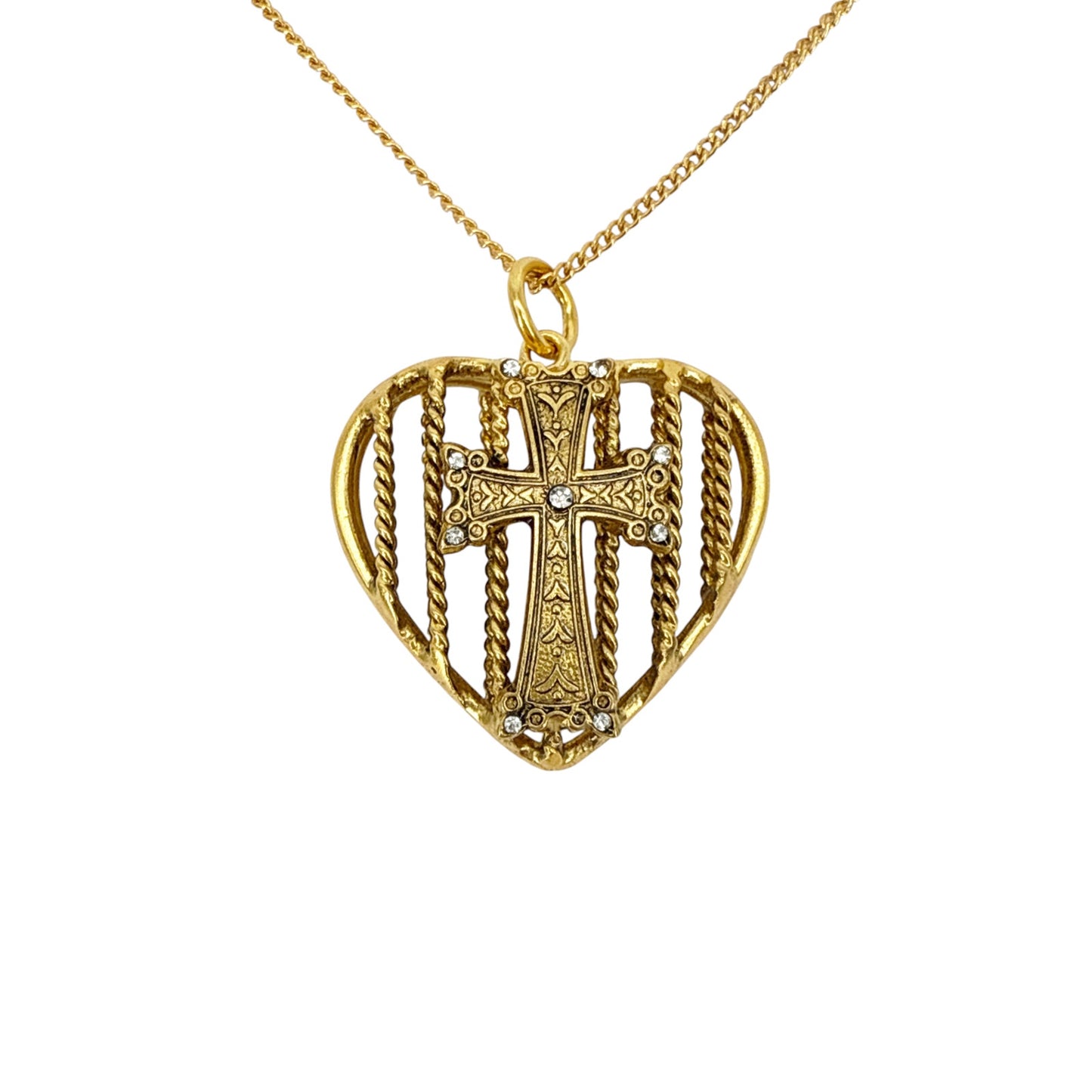 VIRGINS SAINTS & ANGELS VSA Caged Heart Cross Charm Necklace in Gold