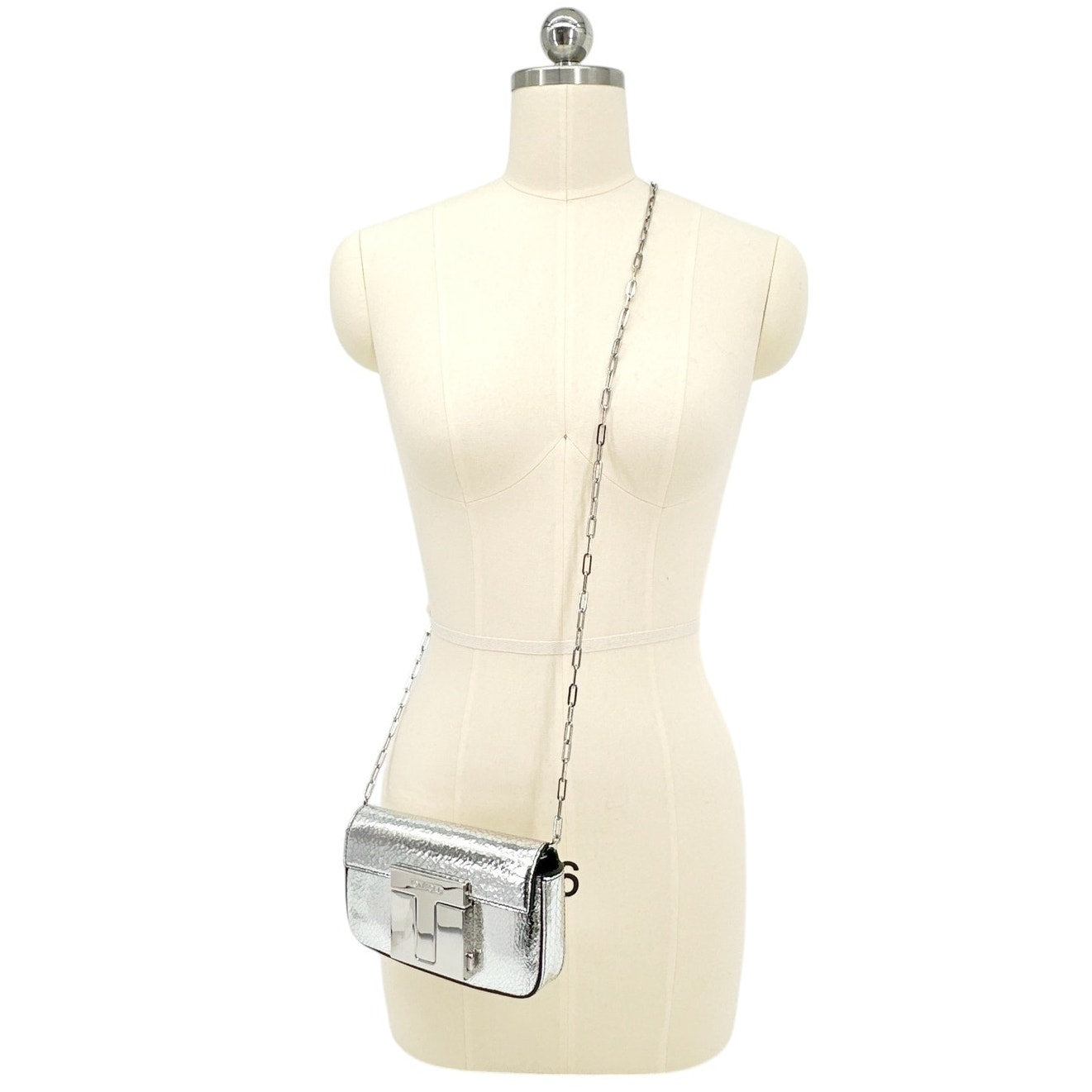 TOM FORD Shiny Leather T Clasp Mini Crossbody Bag in Crackled Silver