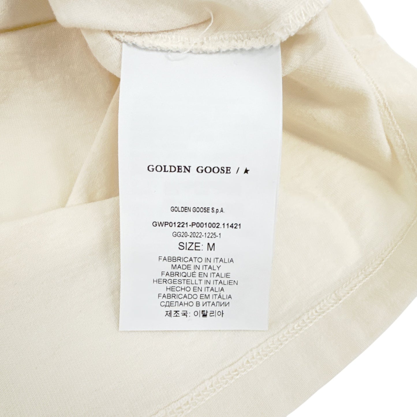 GOLDEN GOOSE Aged White Cotton Tee with Print & Embroidery M