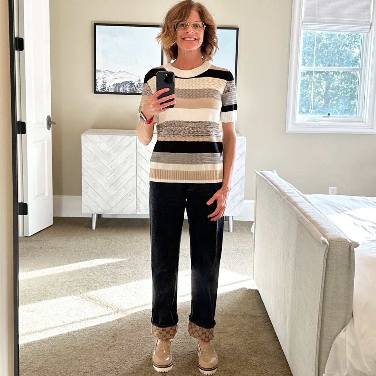 AKRIS PUNTO Striped Short Sleeve Crewneck Sweater 8|M