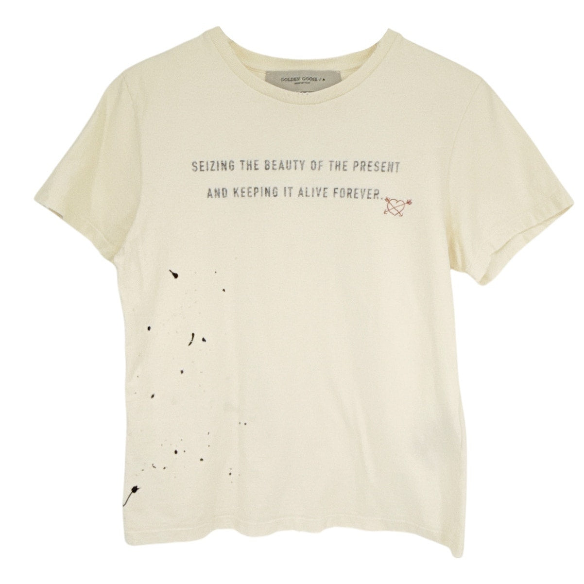 GOLDEN GOOSE Aged White Cotton Tee with Print & Embroidery M