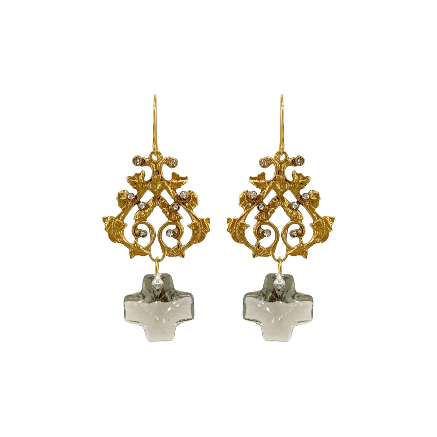 VIRGINS SAINTS & ANGELS VSA Vine Earrings with Cross in Gold & Black Diamond