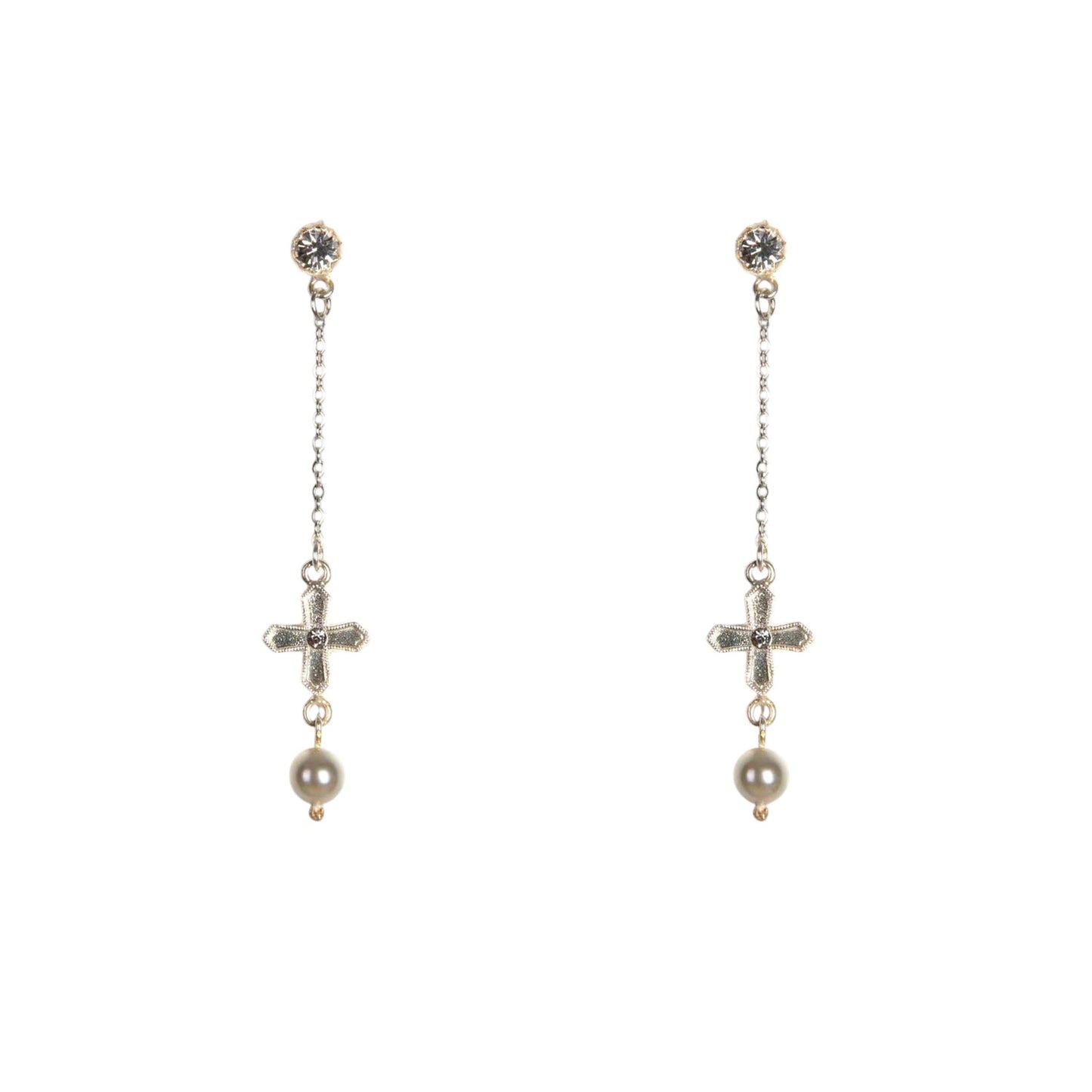 VIRGINS SAINTS & ANGELS VSA Peace Cross Pearl Drop Post Earrings in Silver