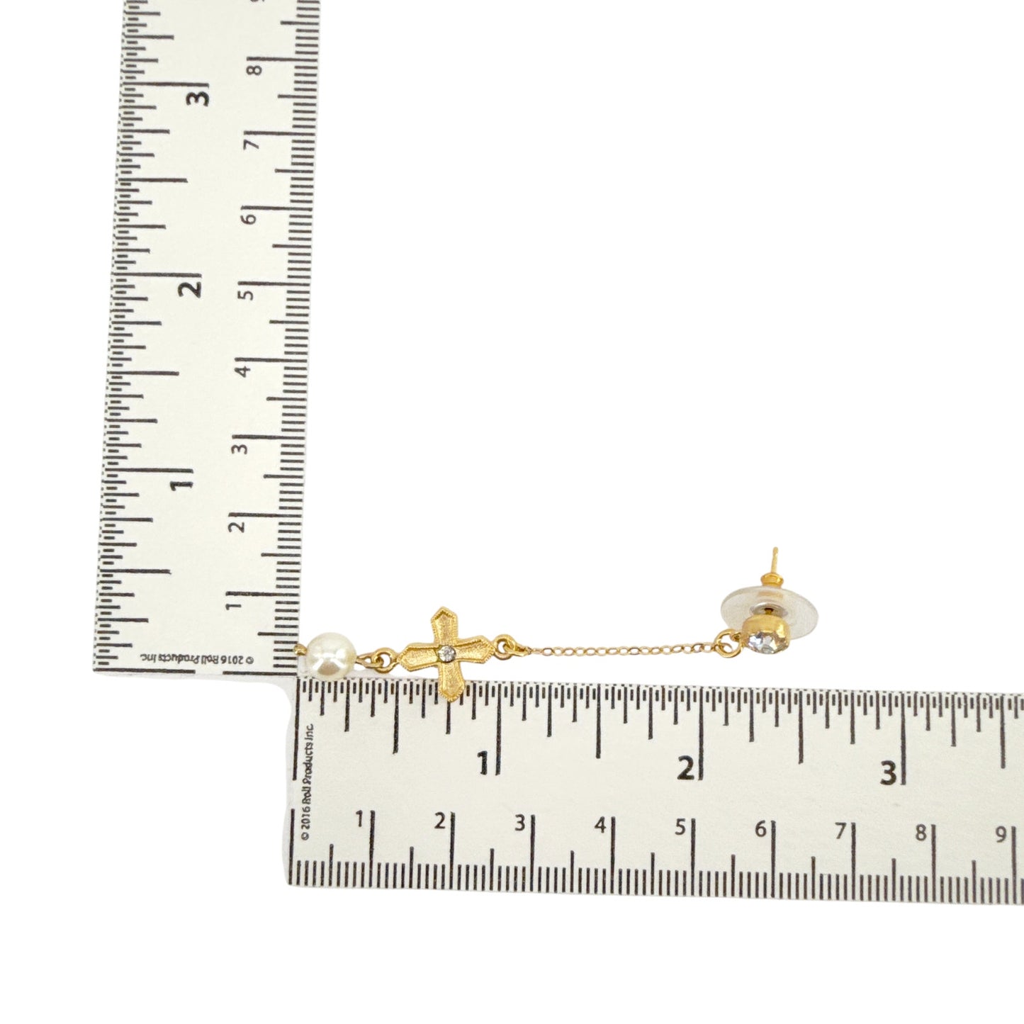 VIRGINS SAINTS & ANGELS VSA Peace Cross Pearl Drop Post Earrings in Gold