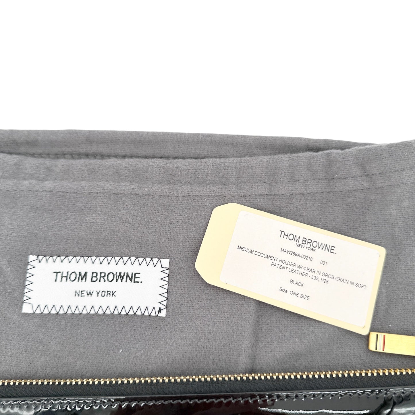 THOM BROWNE Black Soft Patent Leather Grosgrain 4-Bar Medium Document Holder