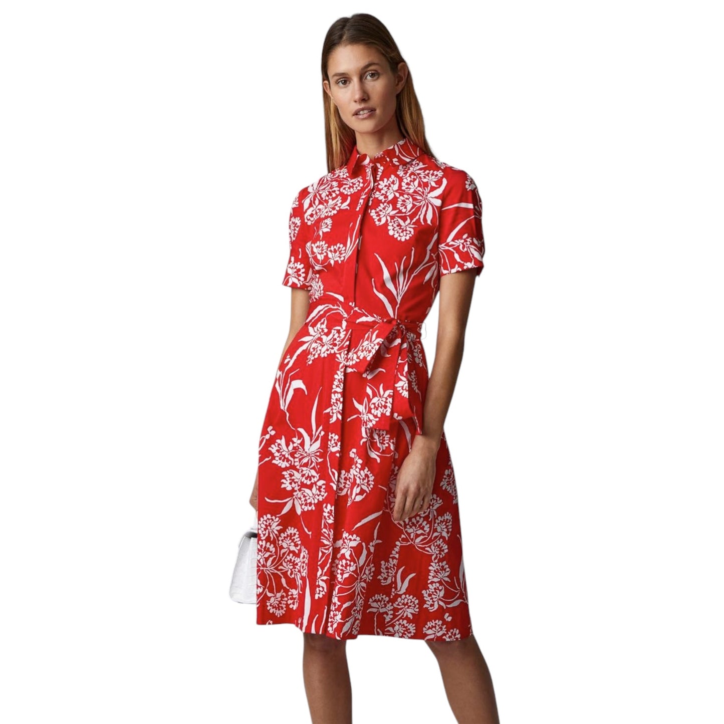 CAROLINA HERRERA Red Printed Short Sleeve Shirtdress in Red 6|M