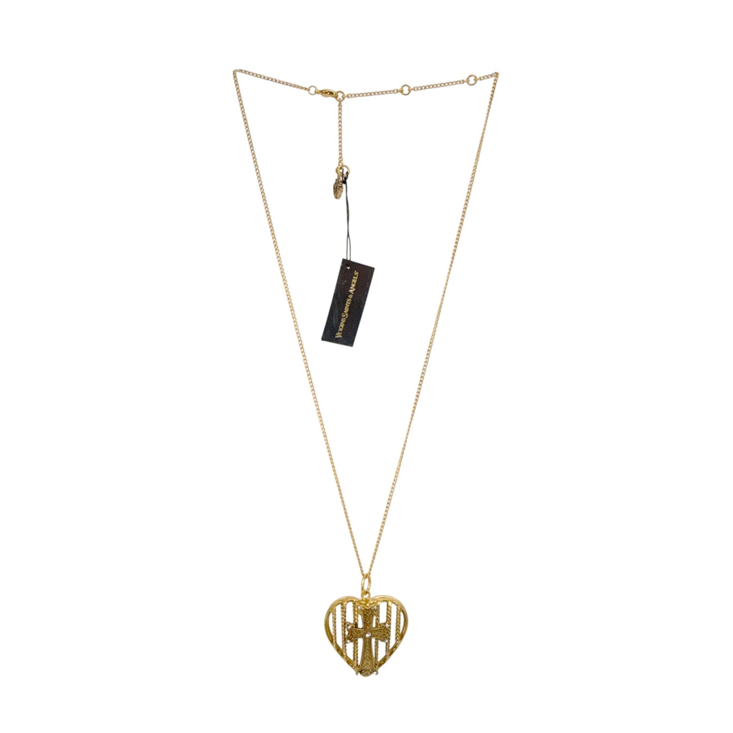 VIRGINS SAINTS & ANGELS VSA Caged Heart Cross Charm Necklace in Gold