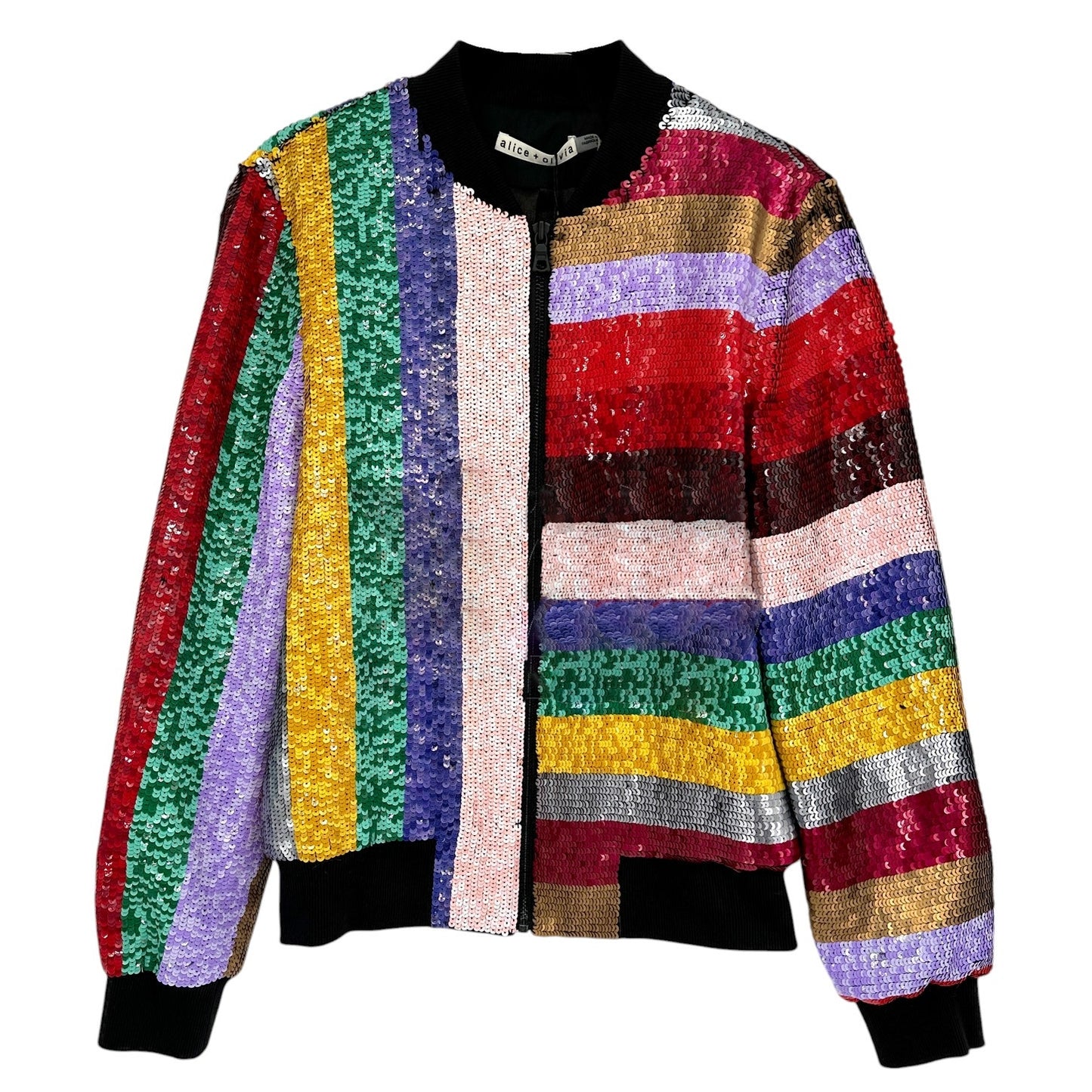ALICE+OLIVIA Lonnie Sequin Cropped Varsity Jacket S