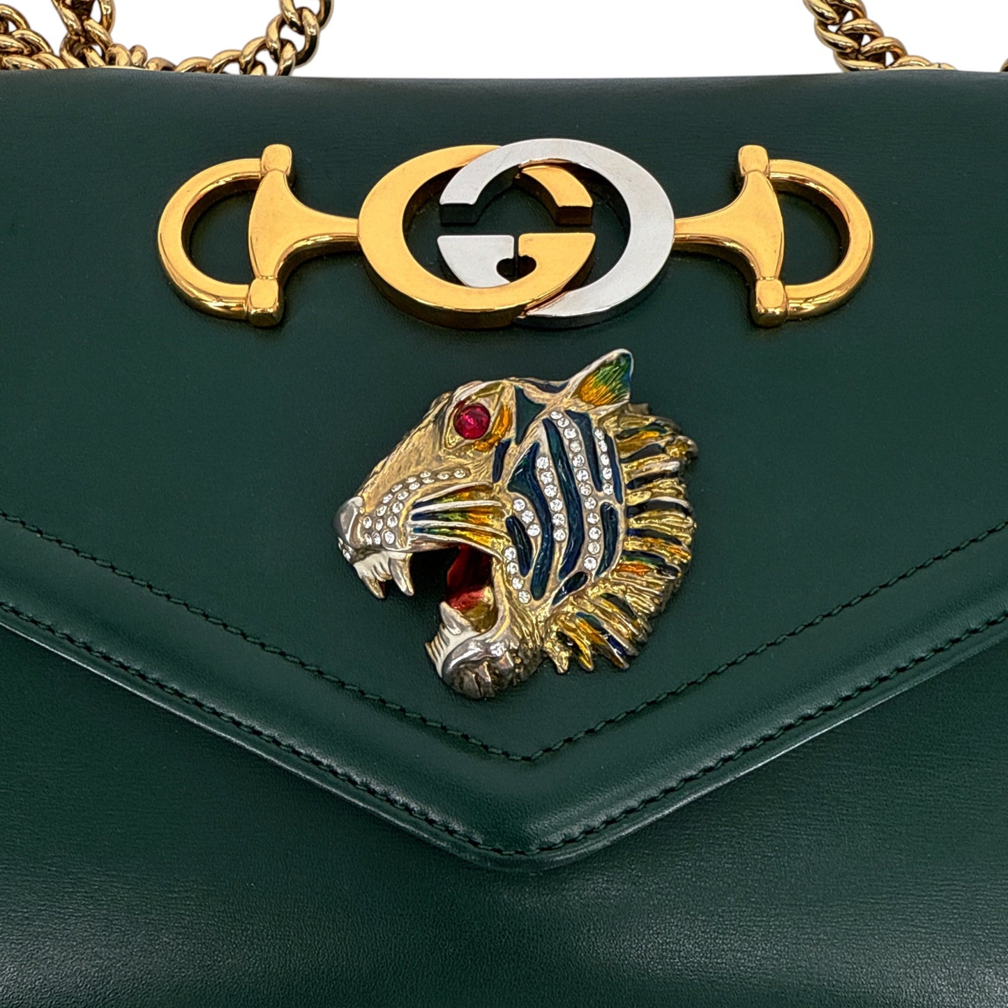 GUCCI Vitello Palmellato Lux Crystal Medium Rajah Shoulder Bag in Vintage Green