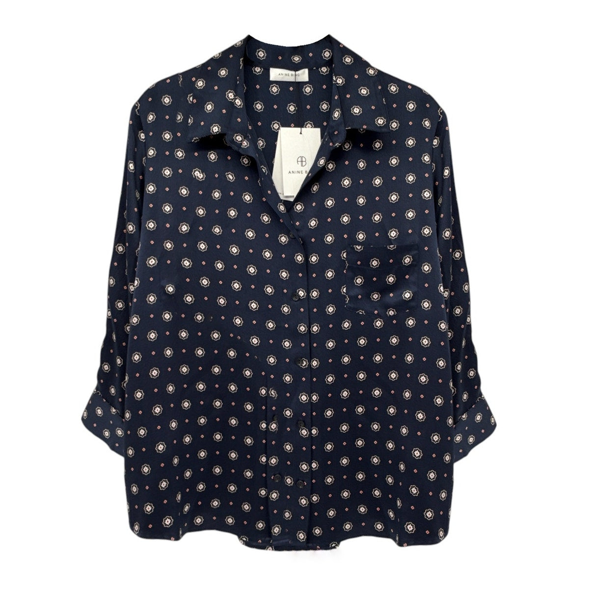 ANINE BING Billie Medallion Print Silk Blouse In Tie Print Navy S