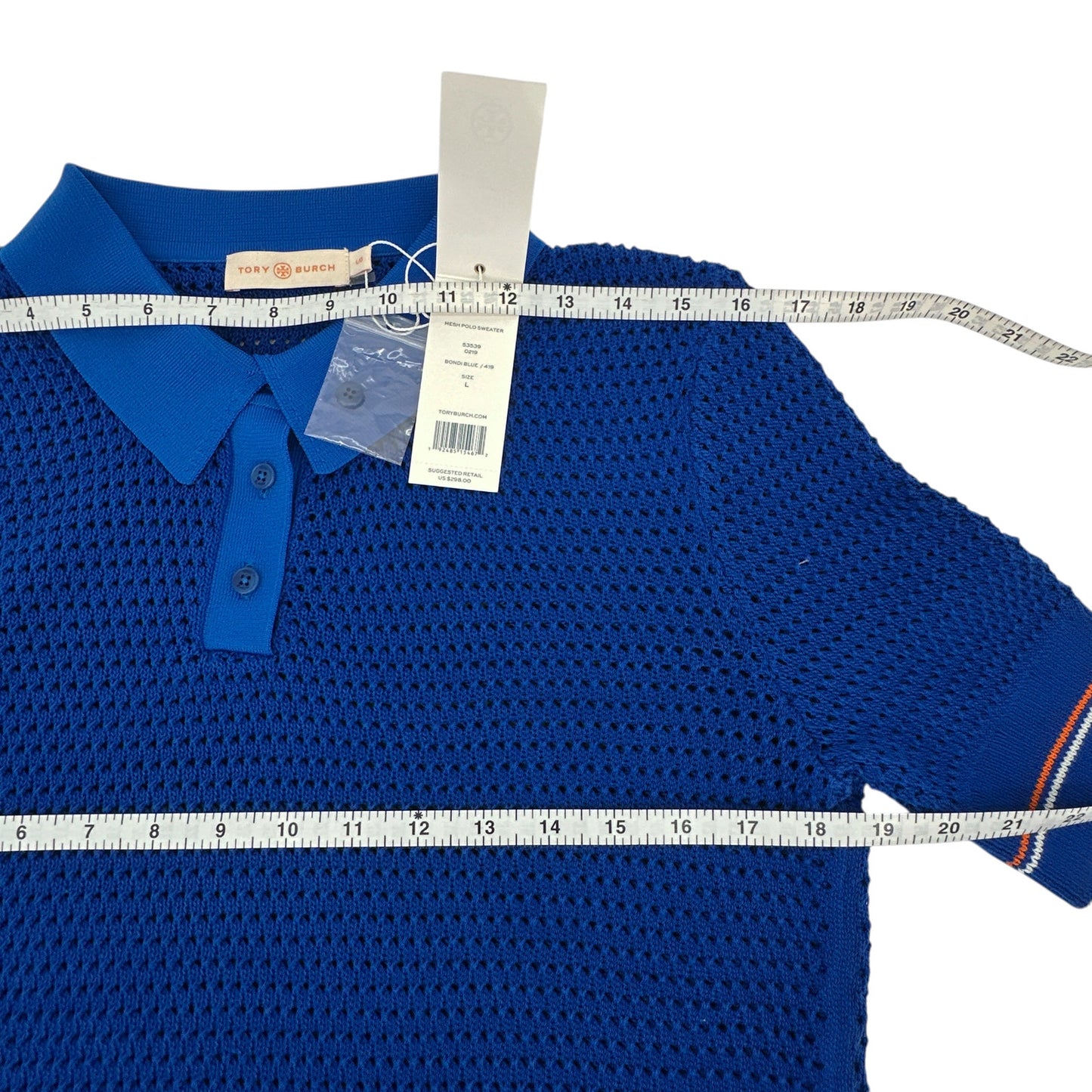 TORY BURCH Mesh Polo Sweater in Bondi Blue L