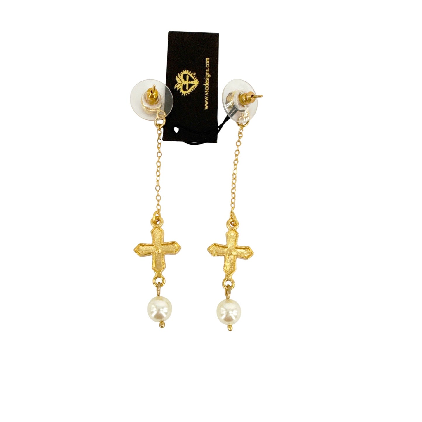 VIRGINS SAINTS & ANGELS VSA Peace Cross Pearl Drop Post Earrings in Gold