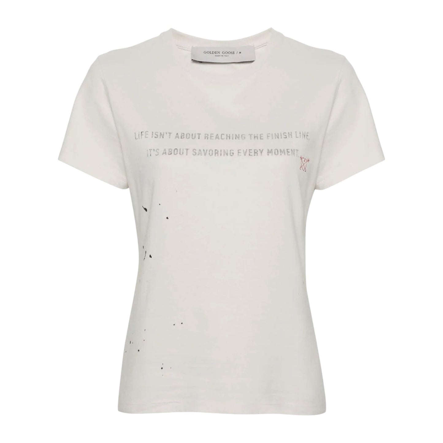 GOLDEN GOOSE Aged White Cotton Tee with Print & Embroidery M