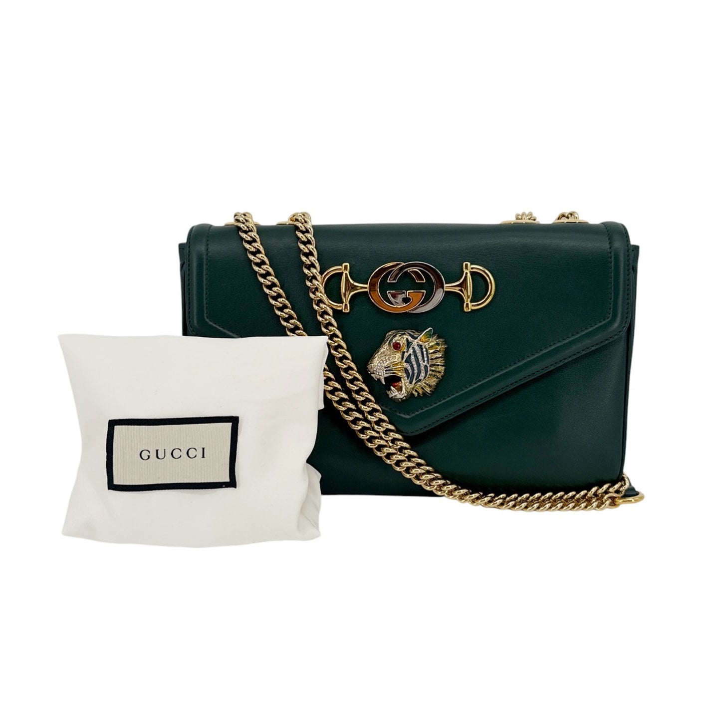 GUCCI Vitello Palmellato Lux Crystal Medium Rajah Shoulder Bag in Vintage Green