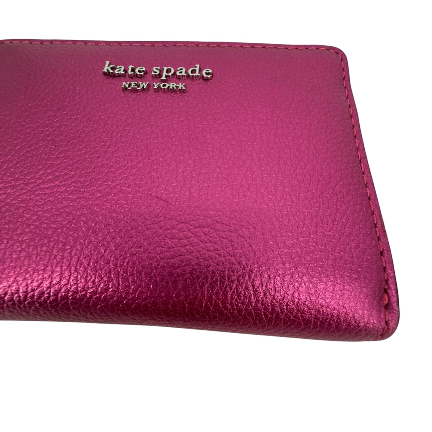 KATE SPADE Natasha Metallic Pebbled Leather Chain Compact Wristlet in Bikini Pink