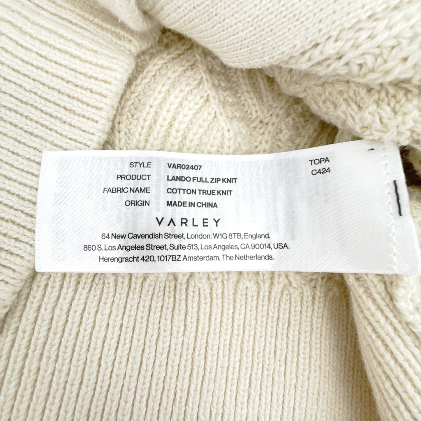 VARLEY Lando Full Zip Knit Sweater in Birch XS
