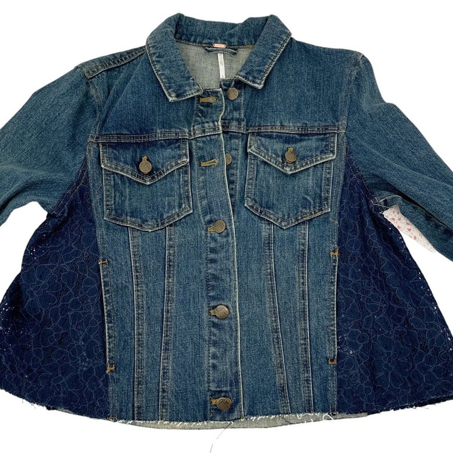 FREE PEOPLE Lace Inset Raw Hem Denim Jacket S