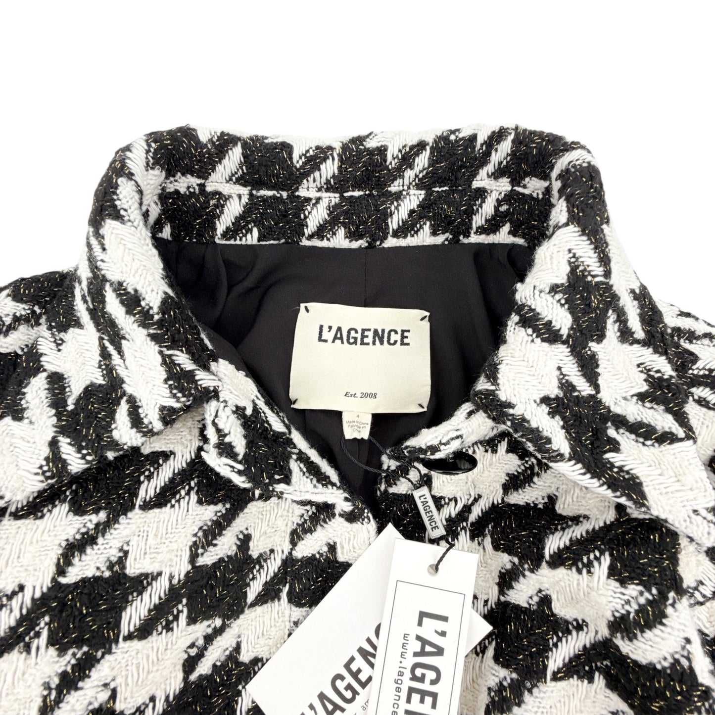 L'AGENCE Bridges Crop Jacket in Ecru Black & Gold Houndstooth 4|S