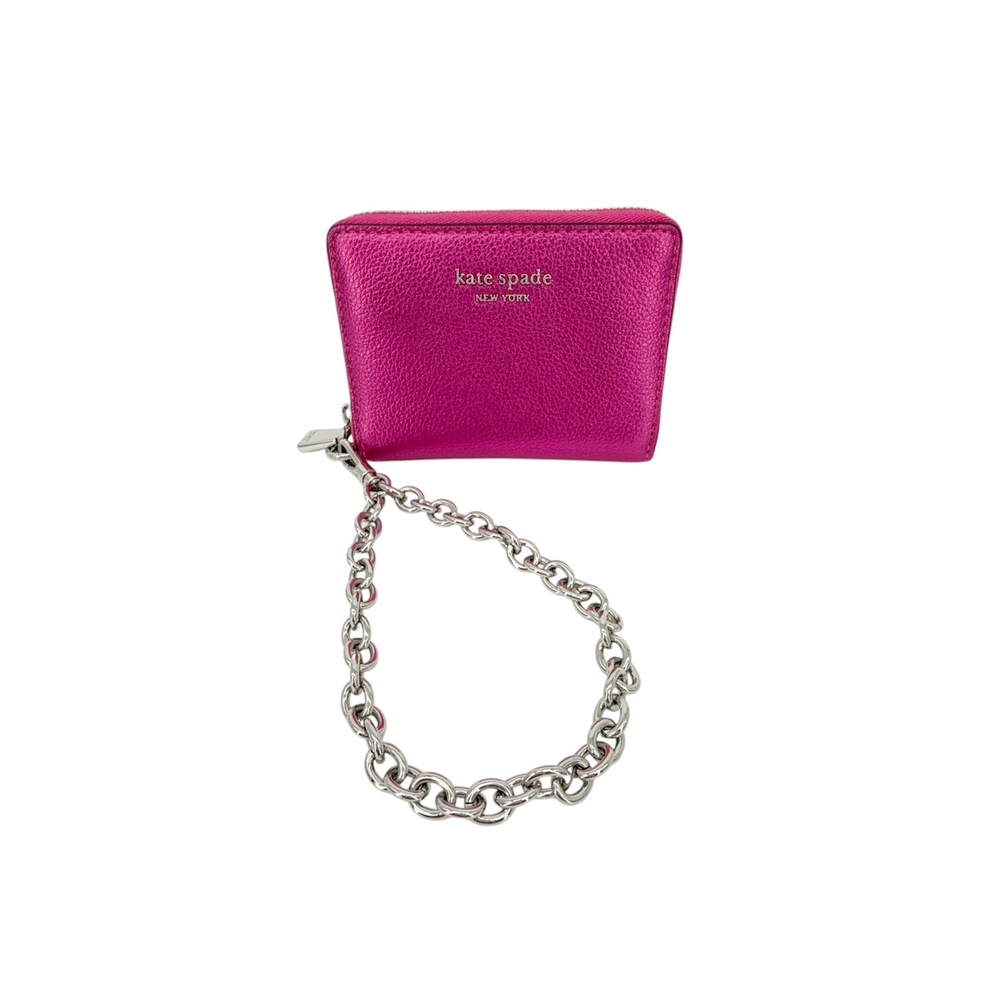 KATE SPADE Natasha Metallic Pebbled Leather Chain Compact Wristlet in Bikini Pink