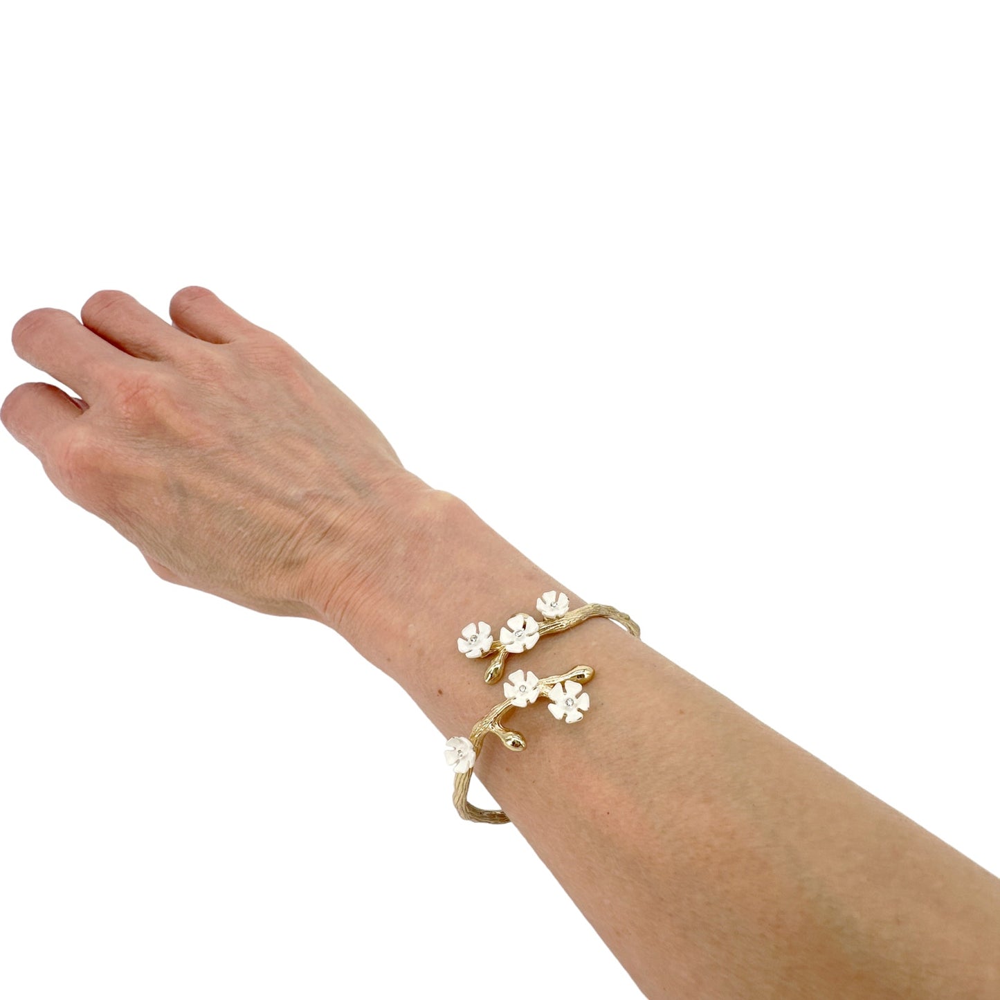 BANANA REPUBLIC Adjustable Cuff Floral Branch Bracelet in Gold & White