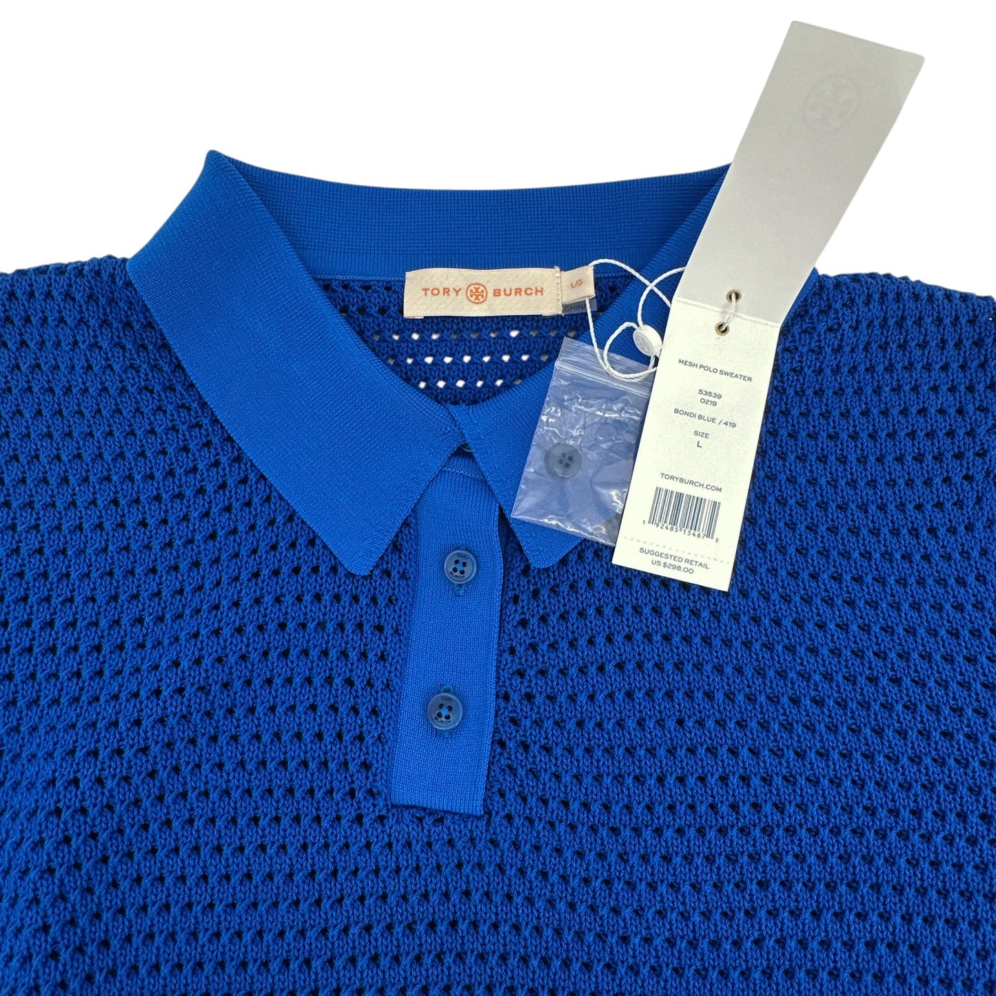 TORY BURCH Mesh Polo Sweater in Bondi Blue L