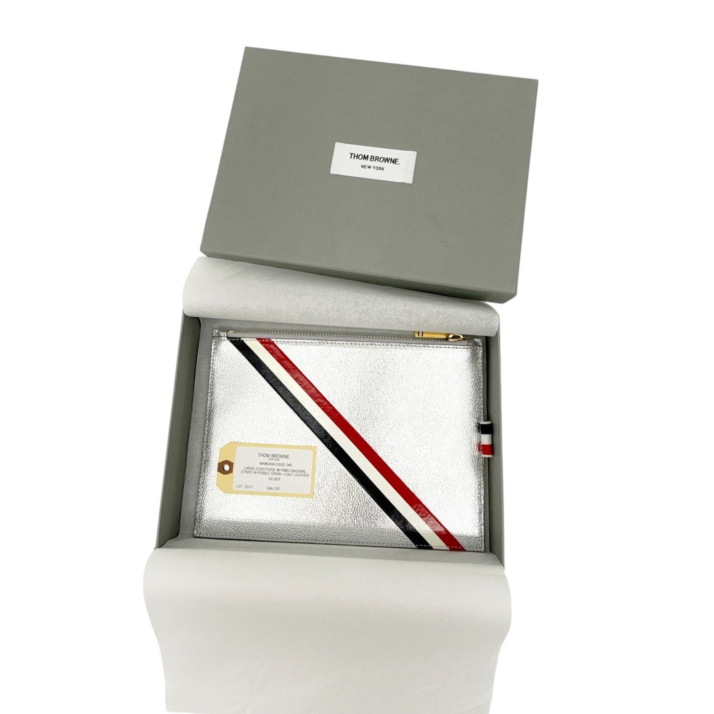 THOM BROWNE Diagonal Stripe Large Coin Wallet Clutch in Silver