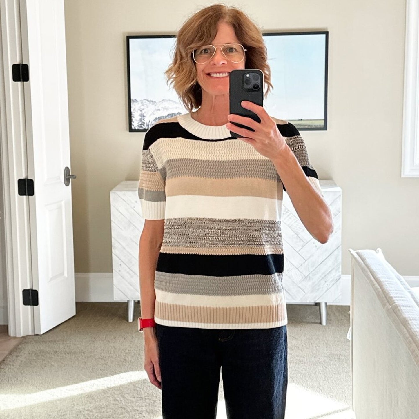 AKRIS PUNTO Striped Short Sleeve Crewneck Sweater 8|M