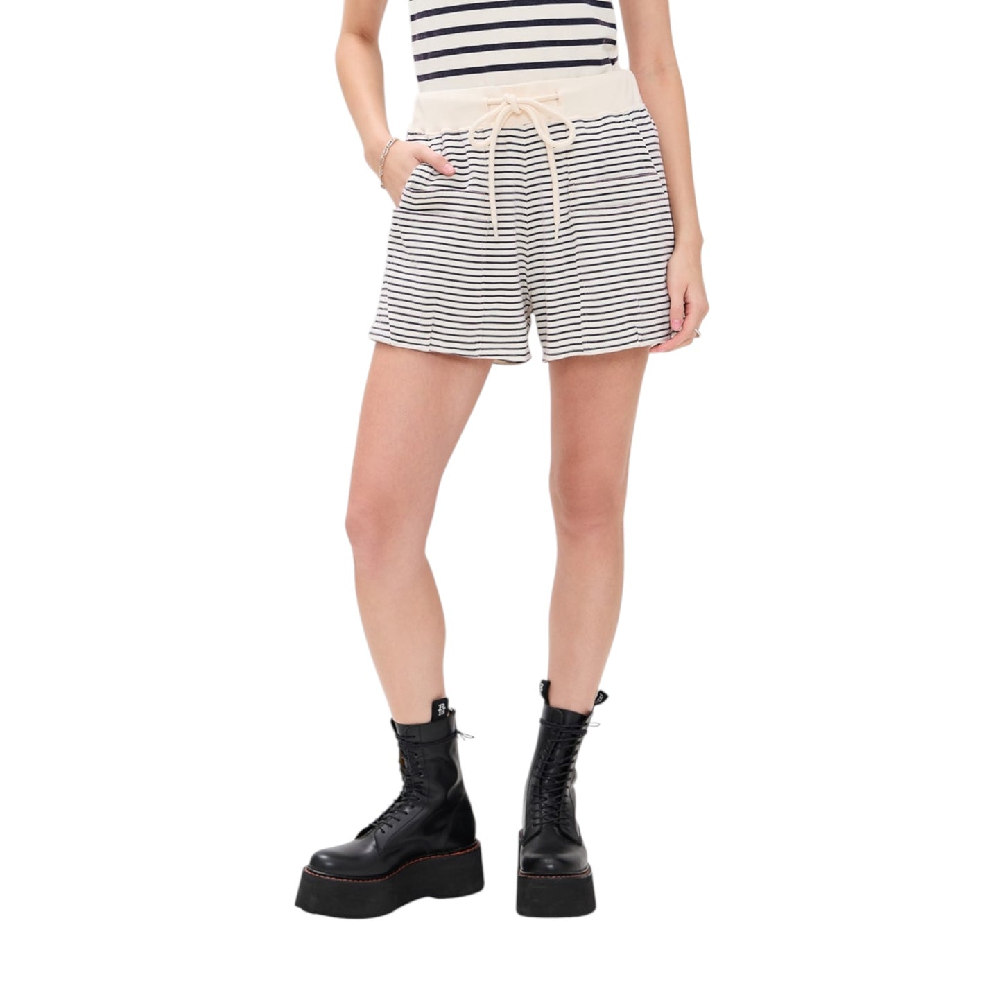 R13 Layered Pocket Sweatshorts in Navy/Ecru Narrow Stripe S