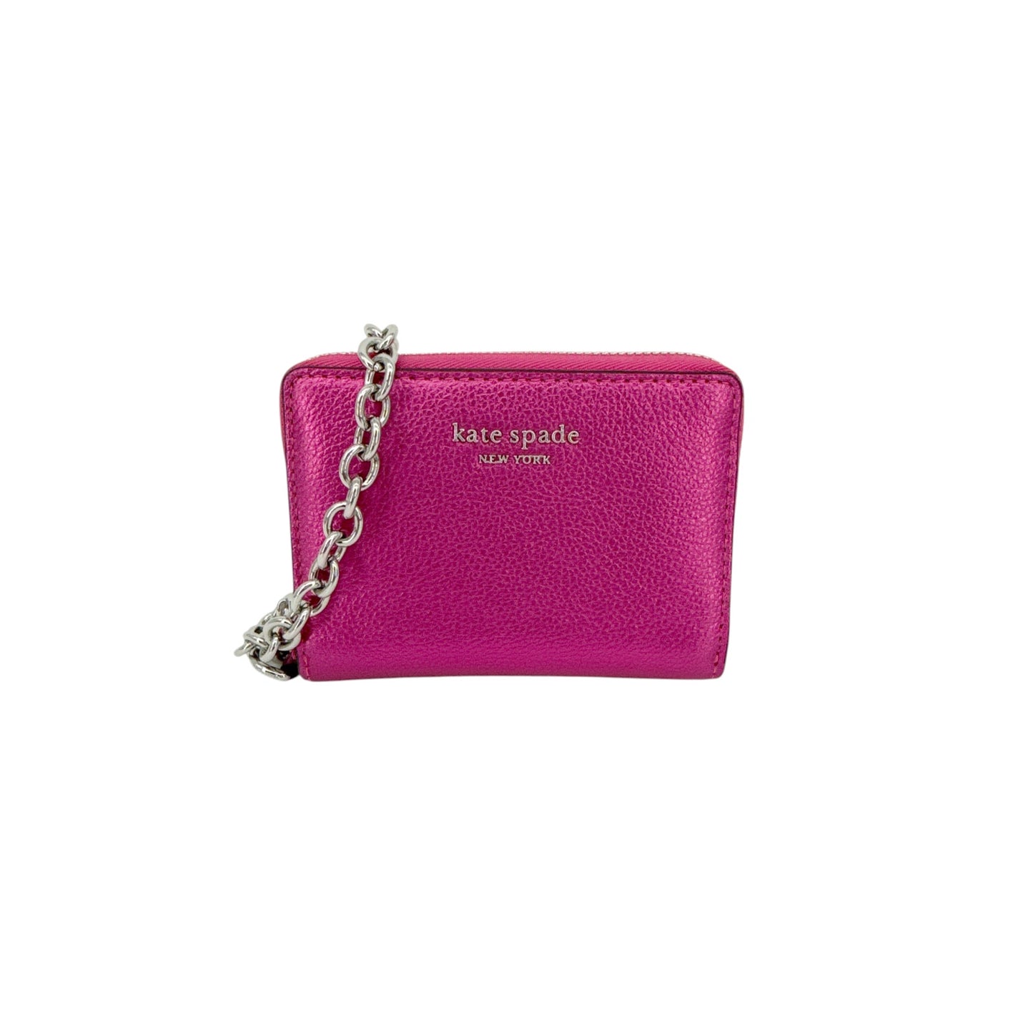 KATE SPADE Natasha Metallic Pebbled Leather Chain Compact Wristlet in Bikini Pink