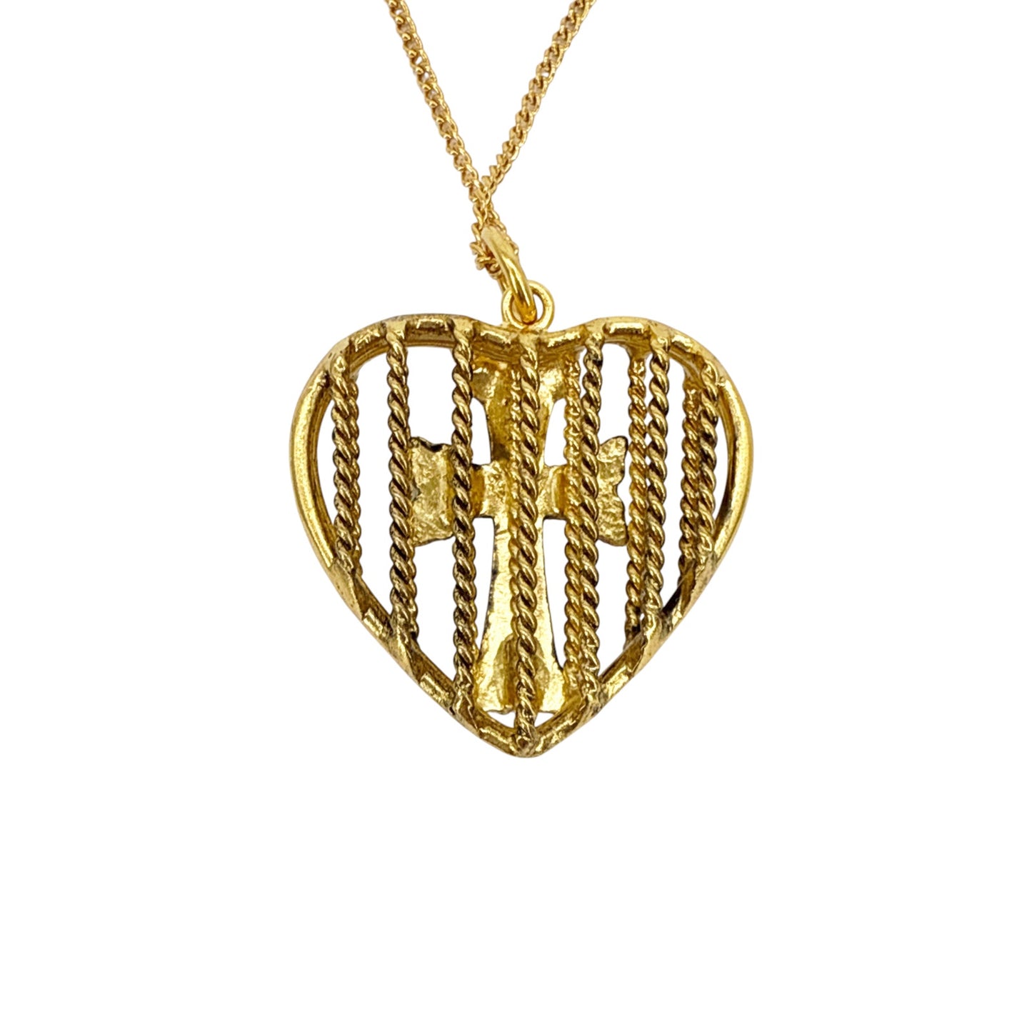 VIRGINS SAINTS & ANGELS VSA Caged Heart Cross Charm Necklace in Gold