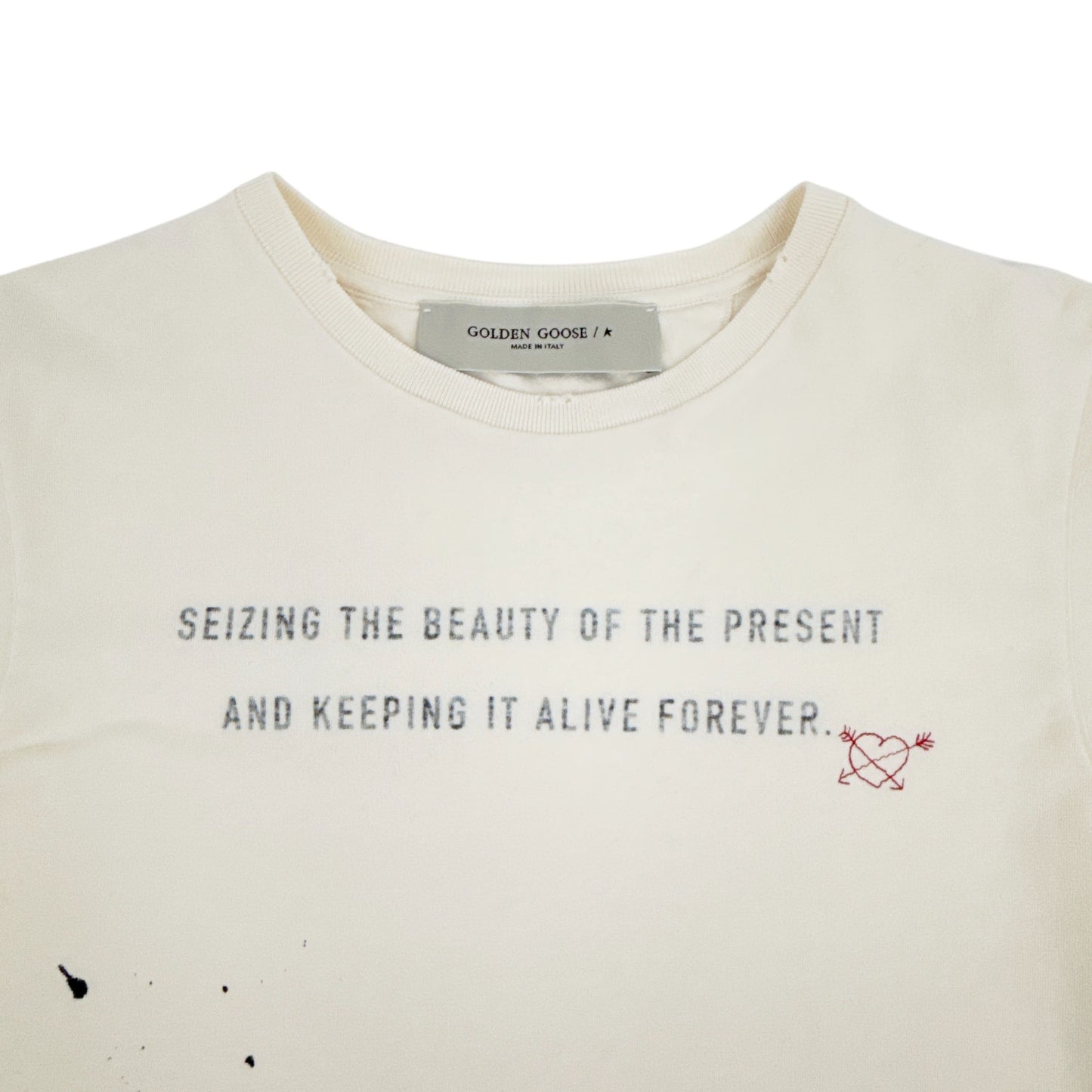 GOLDEN GOOSE Aged White Cotton Tee with Print & Embroidery M