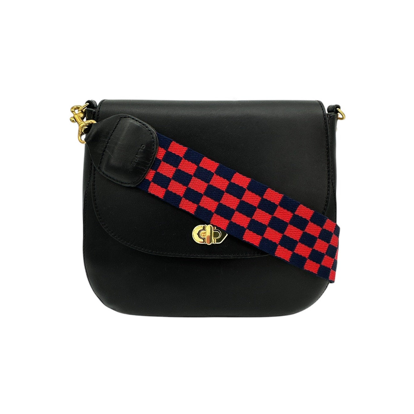 CLARE V. Turnlock Louis in Black with Crossbody Strap Navy & Red Checker