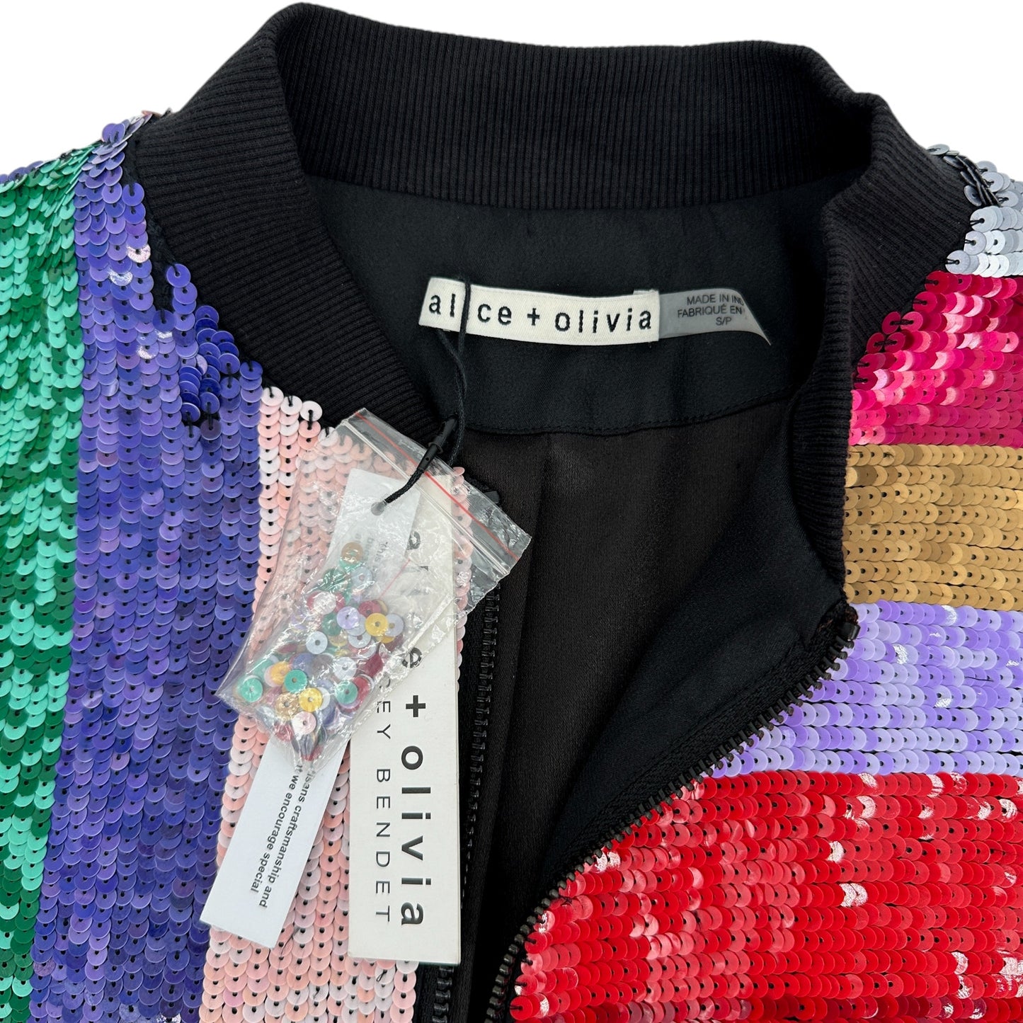 ALICE+OLIVIA Lonnie Sequin Cropped Varsity Jacket S