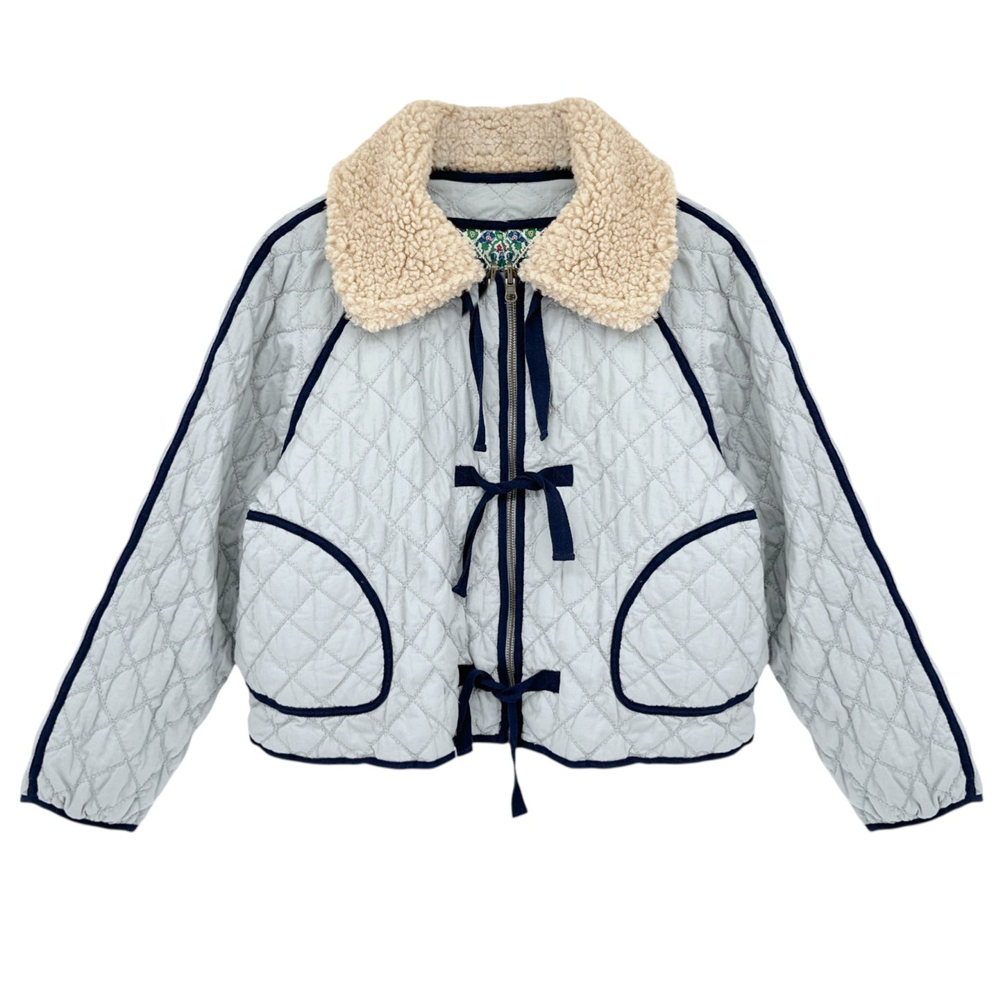 THE GREAT. The Short Quilted Reversible Jacket in Stone Blue 0|XS