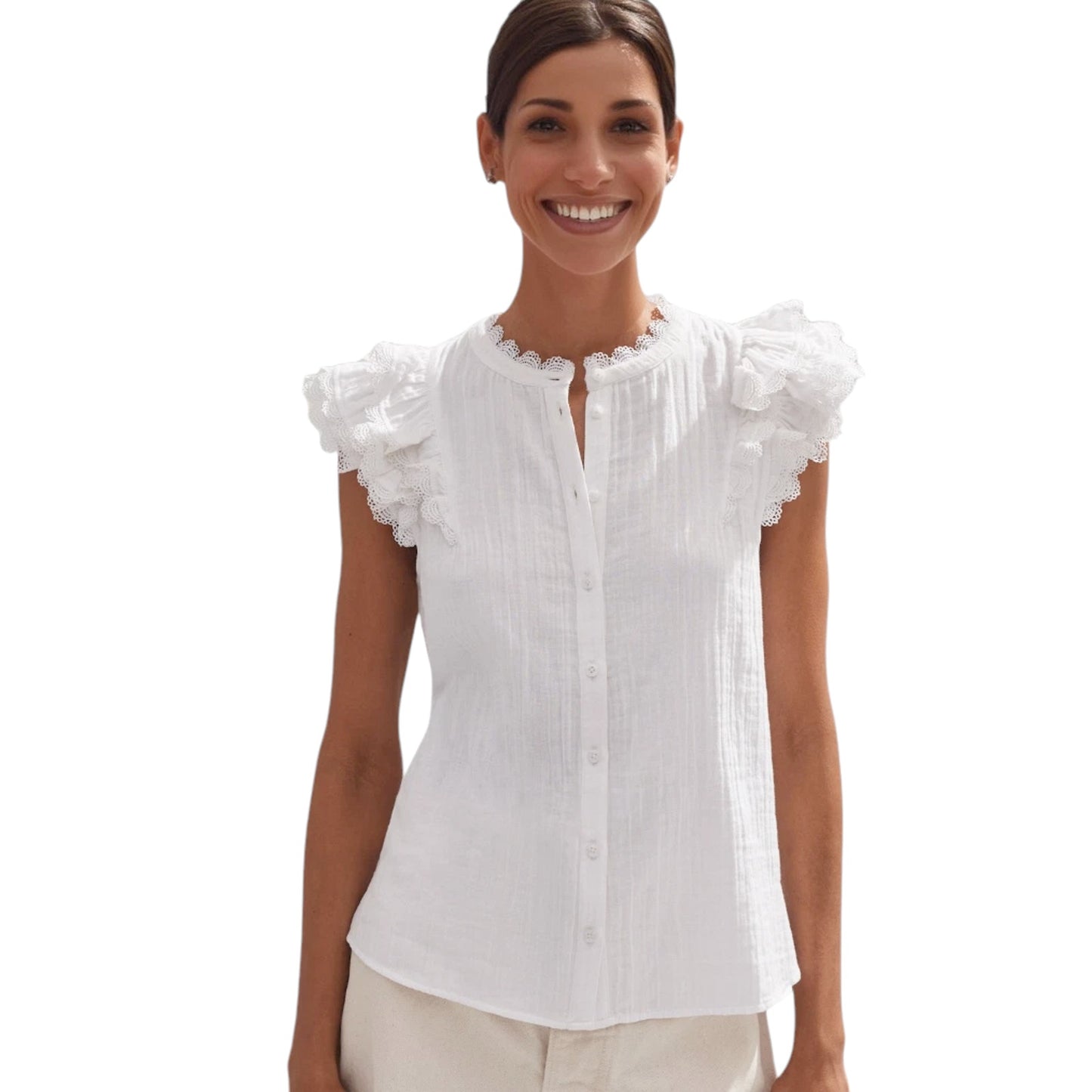ME+EM Cheesecloth Ruffle Sleeveless Blouse In Soft White