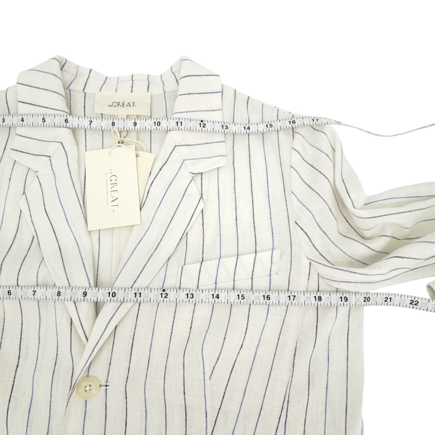 THE GREAT. The Relaxed Blazer in Cream Pinstripes 1|S