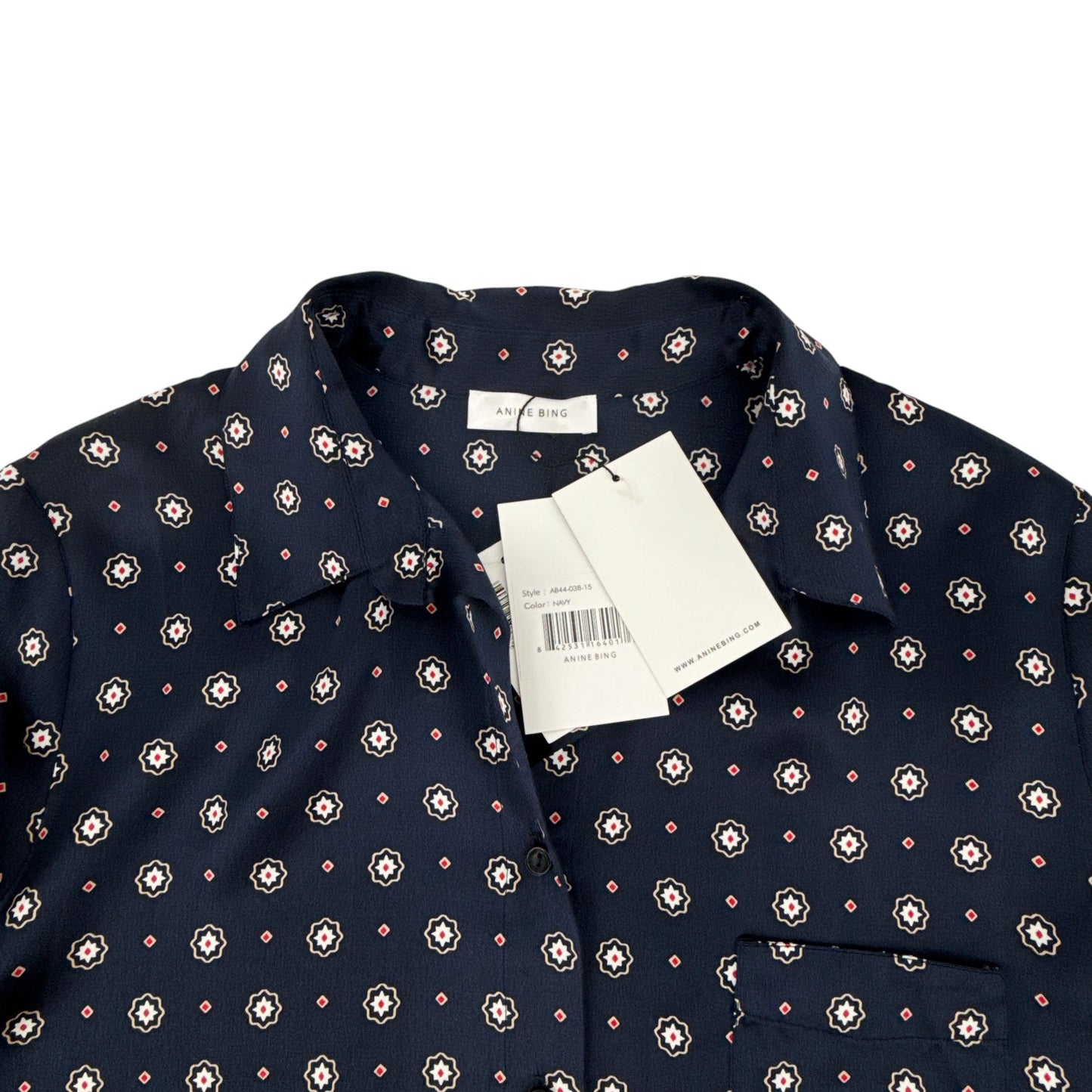 ANINE BING Billie Medallion Print Silk Blouse In Tie Print Navy S