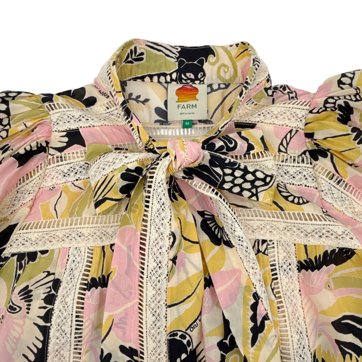FARM RIO Vintage Forest Lace Trim Tie Neck Blouse M