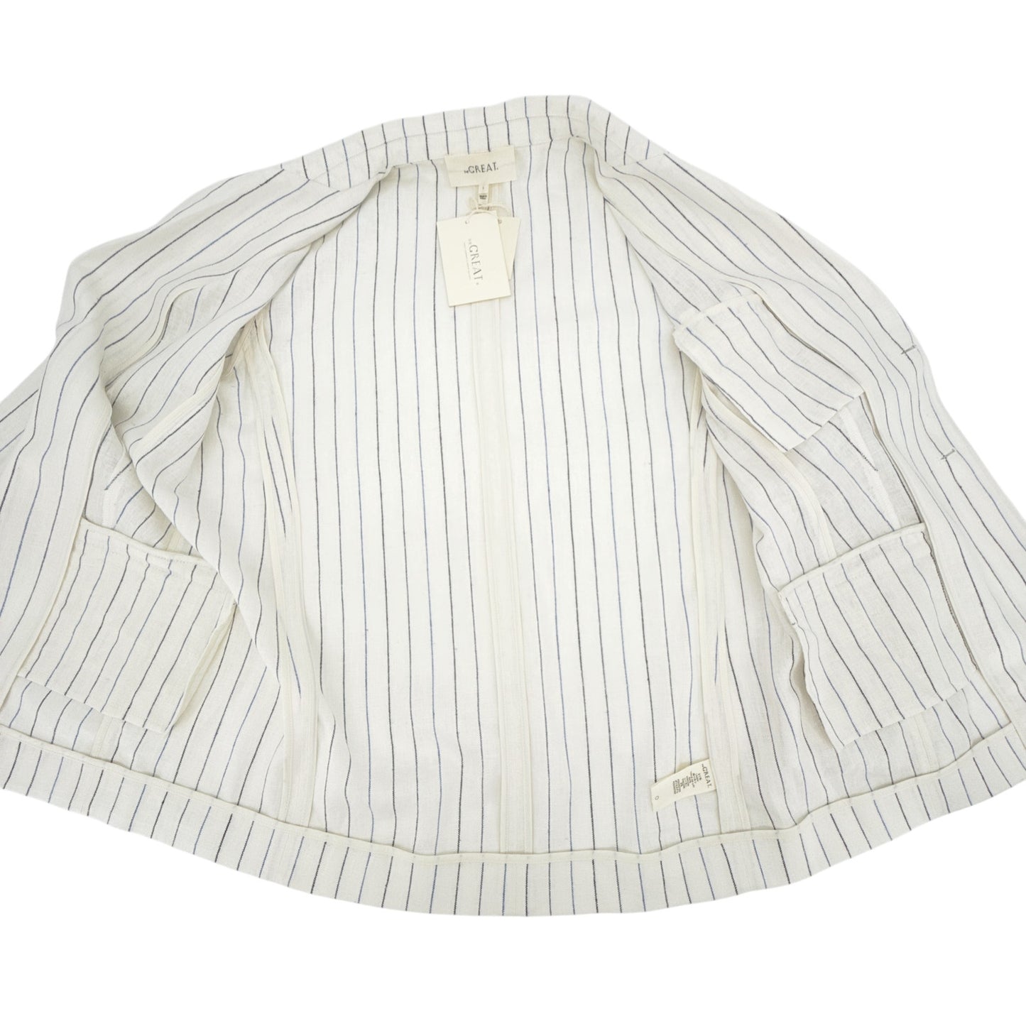 THE GREAT. The Relaxed Blazer in Cream Pinstripes 1|S