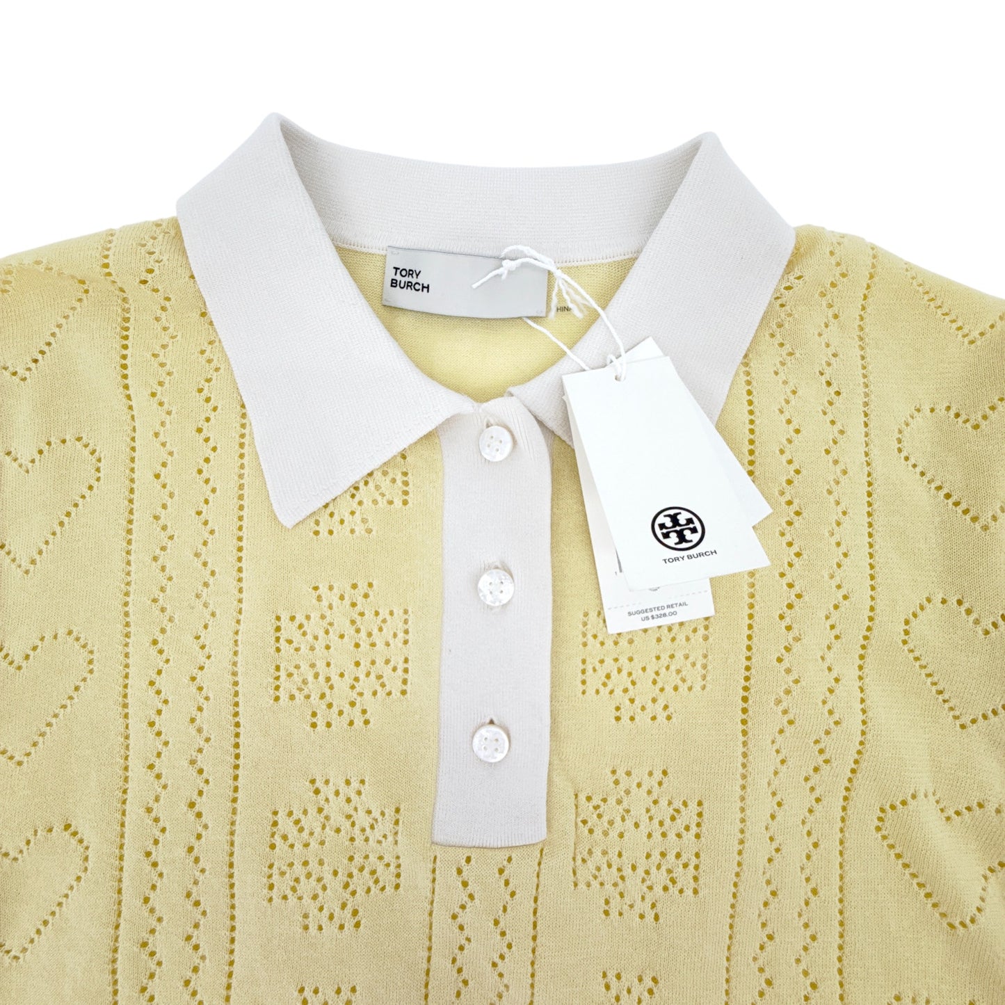 TORY BURCH Heart Pointelle Wool Collar Sweater in Sweet Butter L