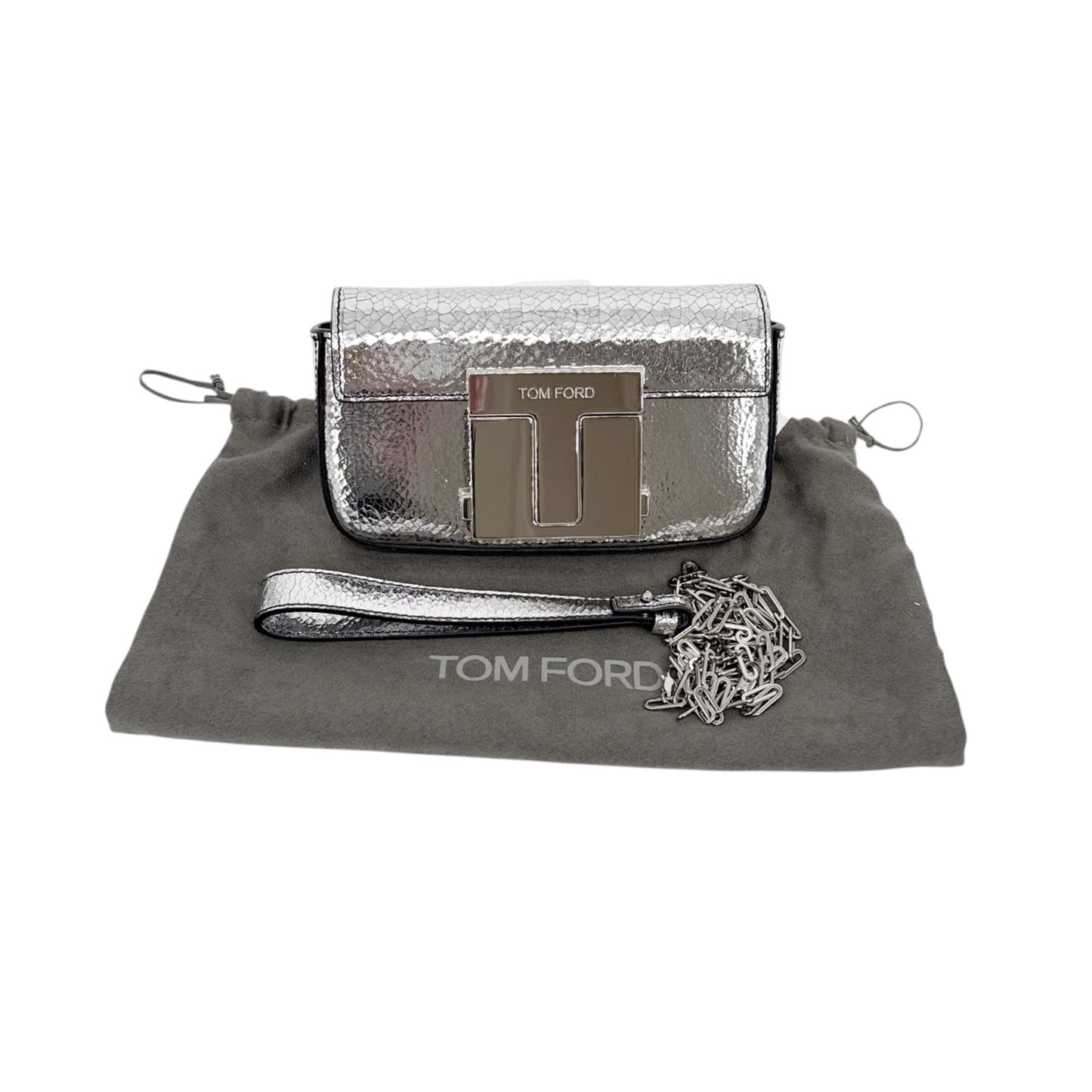 TOM FORD Shiny Leather T Clasp Mini Crossbody Bag in Crackled Silver