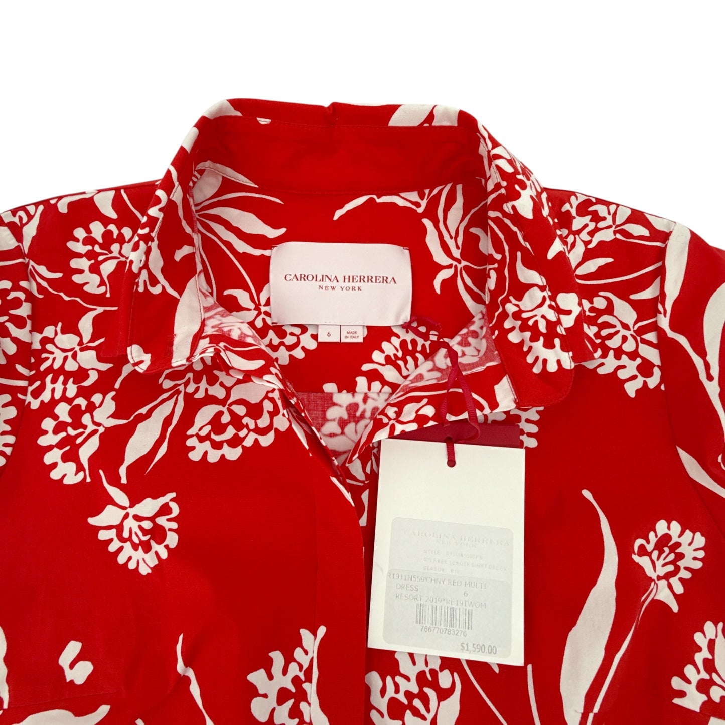 CAROLINA HERRERA Red Printed Short Sleeve Shirtdress in Red 6|M