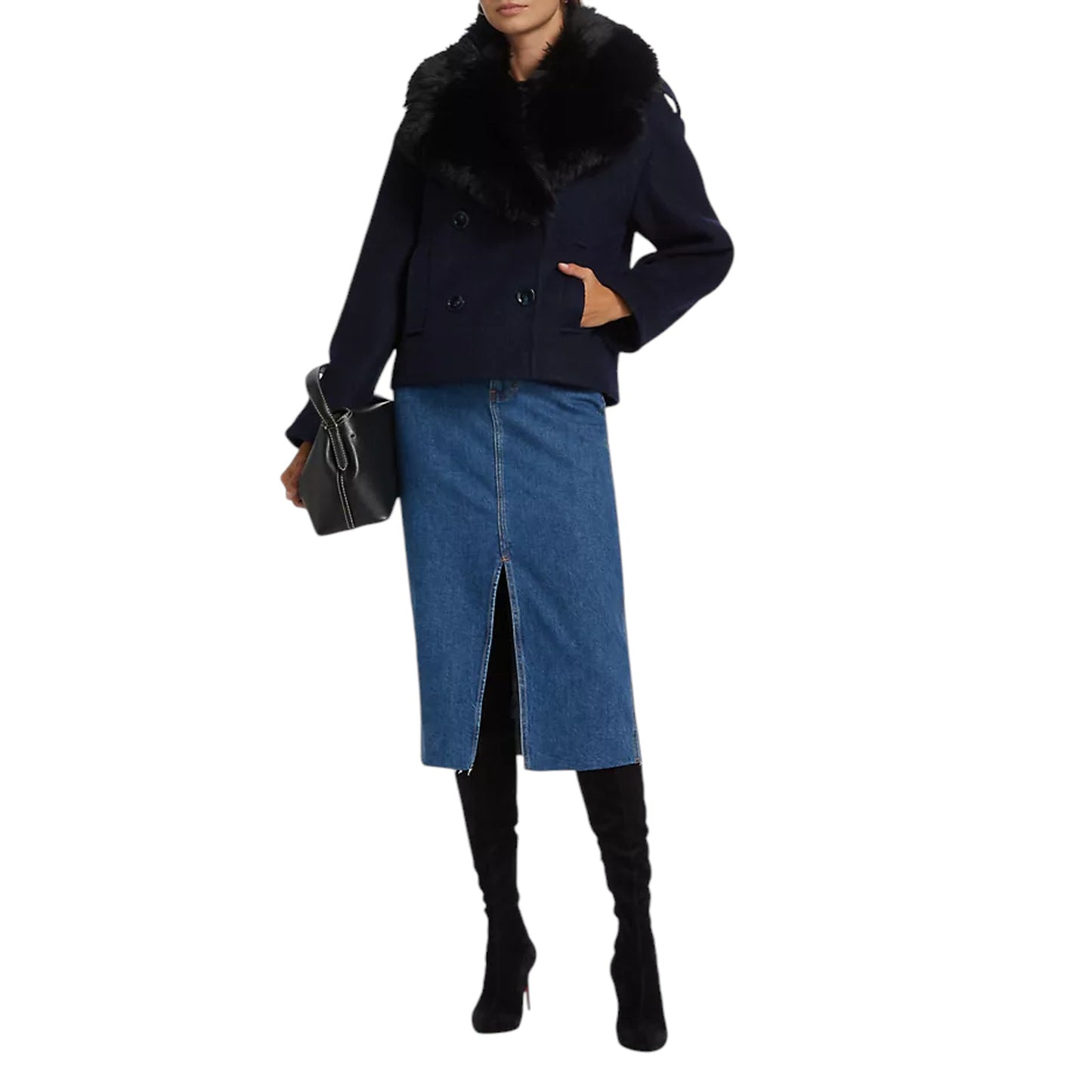 MERCER COLLECTIVE Georgia Faux Fur Collar Double-Breasted Peacoat S