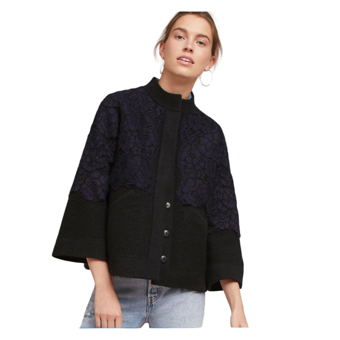 ANTHROPOLOGIE Field Flower Lace Bell Sleeve Sweater Jacket Size XS