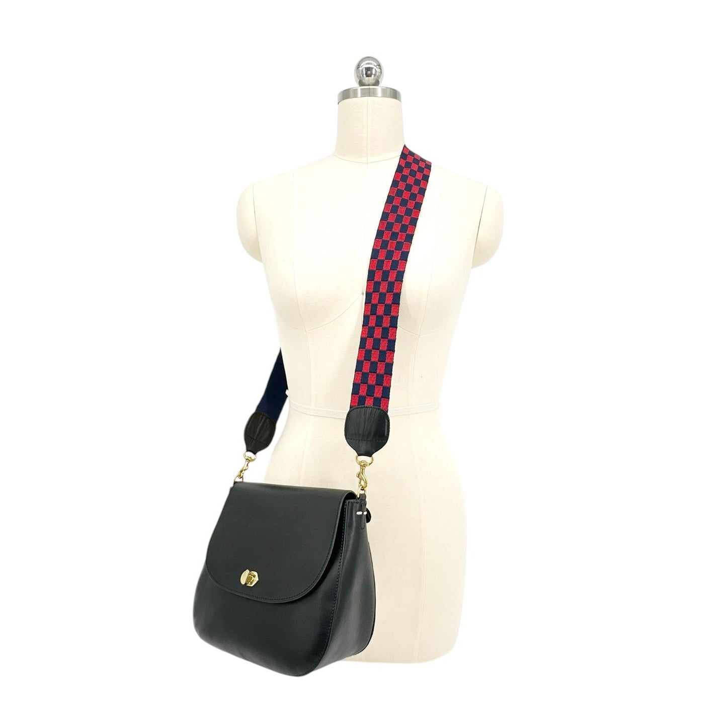 CLARE V. Turnlock Louis in Black with Crossbody Strap Navy & Red Checker