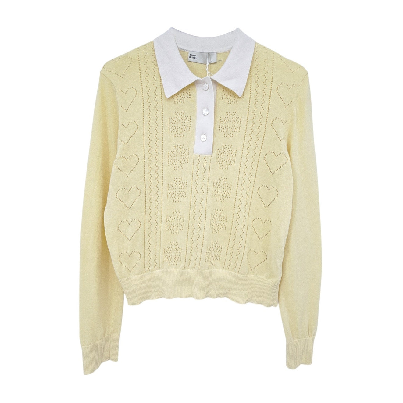 TORY BURCH Heart Pointelle Wool Collar Sweater in Sweet Butter L