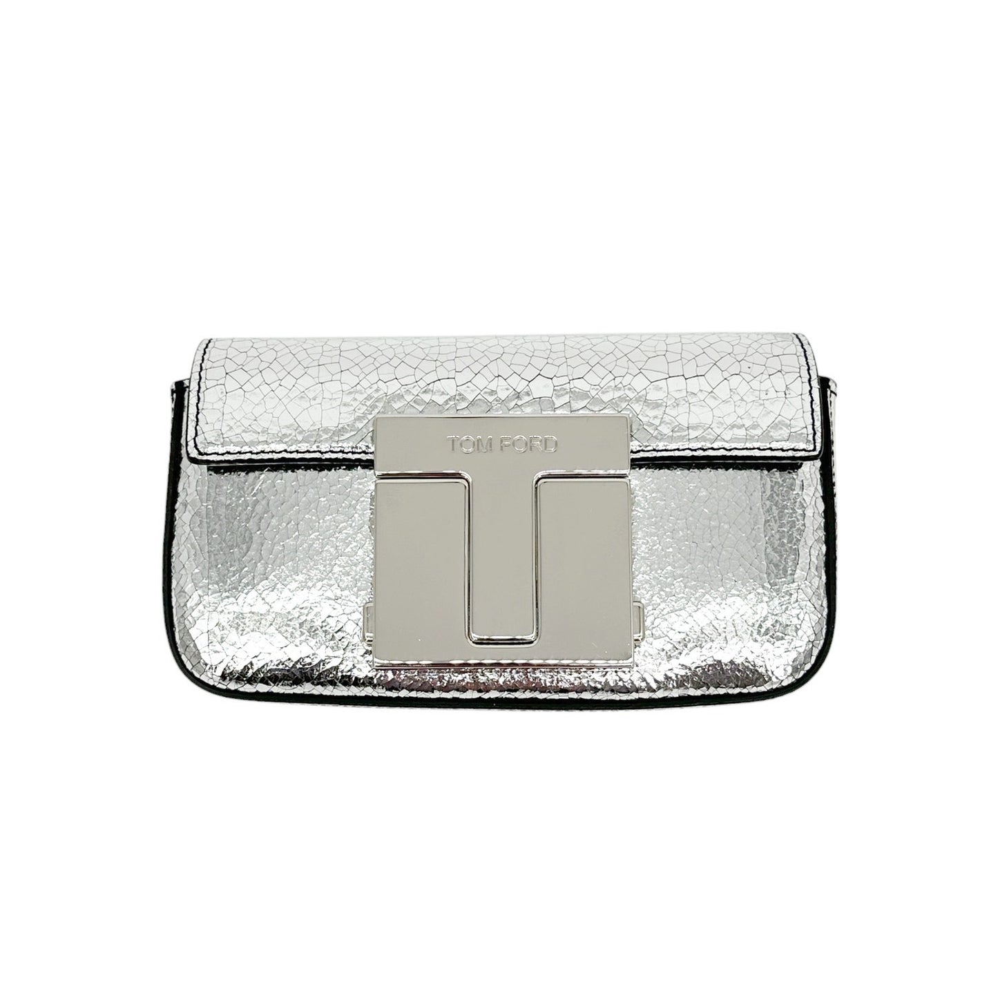 TOM FORD Shiny Leather T Clasp Mini Crossbody Bag in Crackled Silver