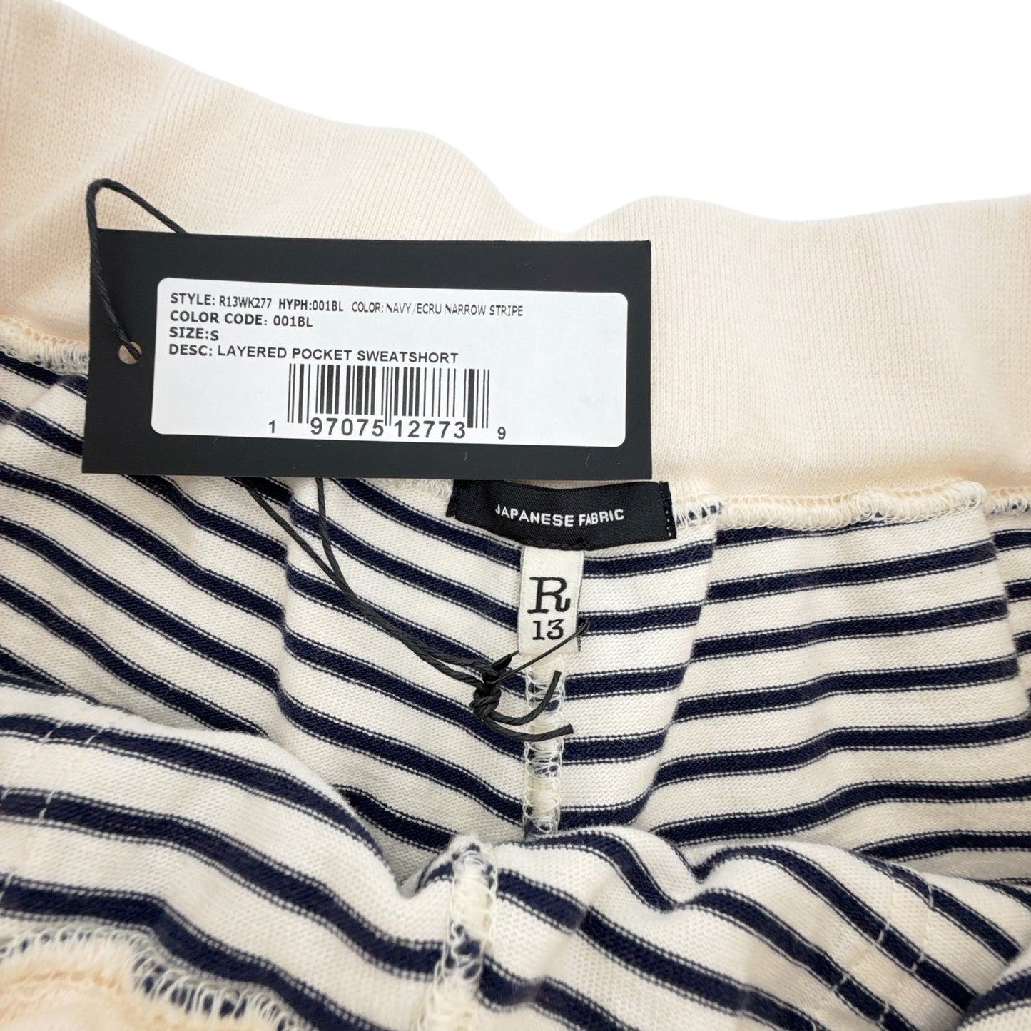 R13 Layered Pocket Sweatshorts in Navy/Ecru Narrow Stripe S