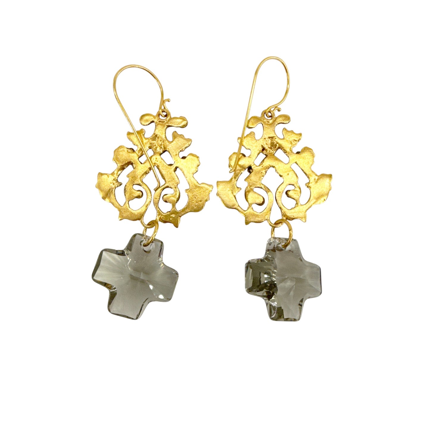 VIRGINS SAINTS & ANGELS VSA Vine Earrings with Cross in Gold & Black Diamond