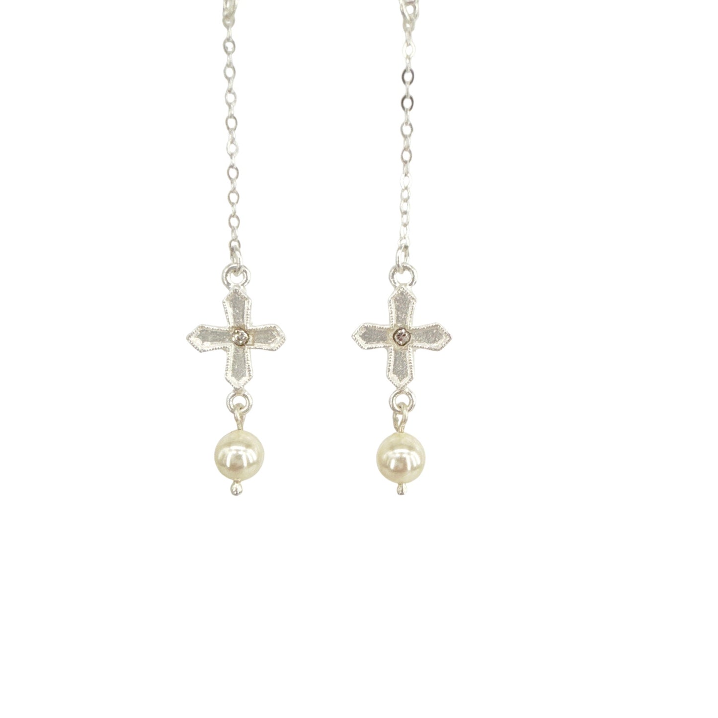 VIRGINS SAINTS & ANGELS VSA Peace Cross Pearl Drop Post Earrings in Silver